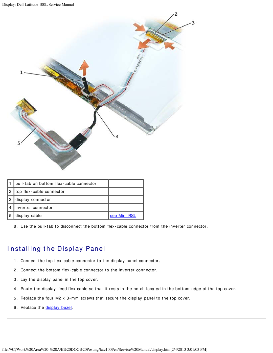 Dell 100L service manual Installing the Display Panel 