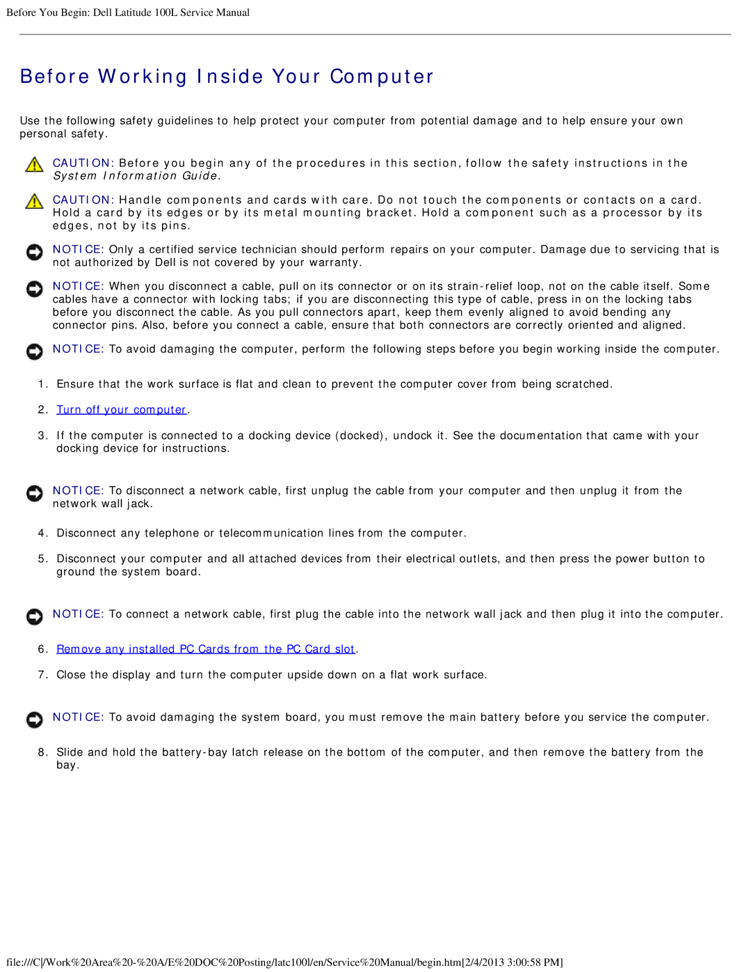 Dell 100L Before Working Inside Your Computer, Turn off your computer, Remove any installed PC Cards from the PC Card slot 