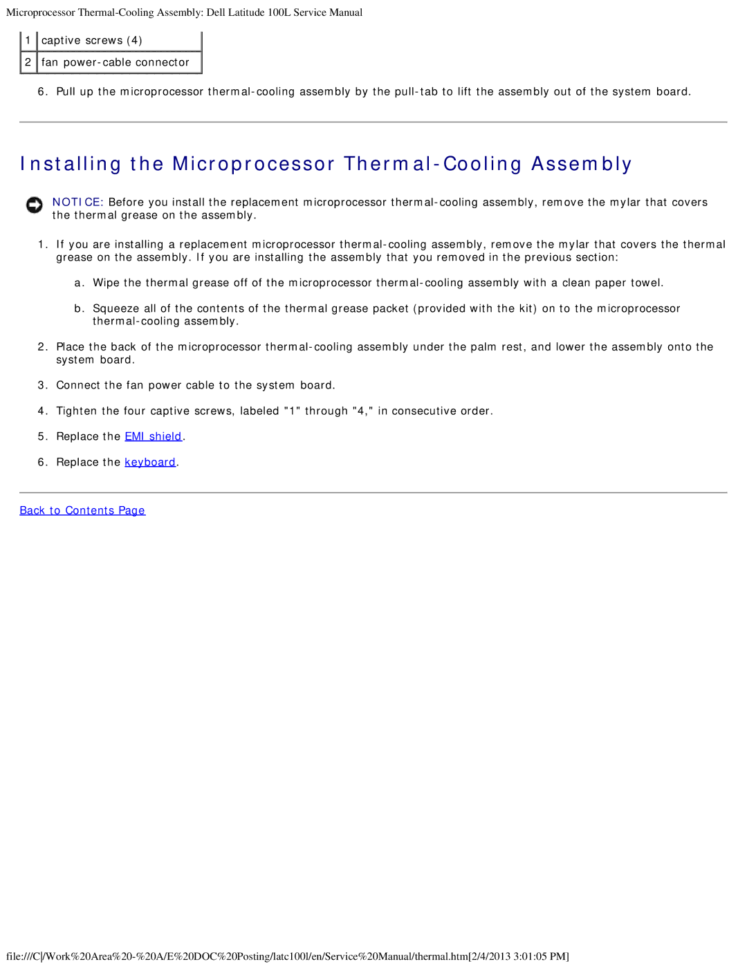 Dell 100L service manual Installing the Microprocessor Thermal-Cooling Assembly 