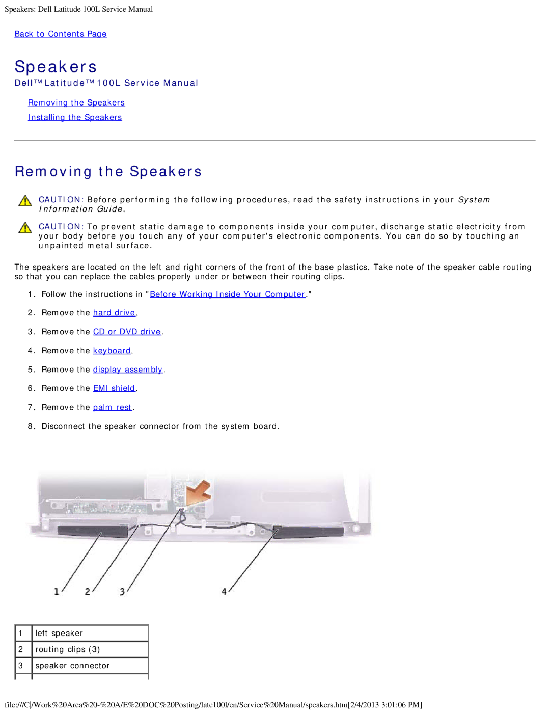 Dell 100L service manual Removing the Speakers Installing the Speakers 