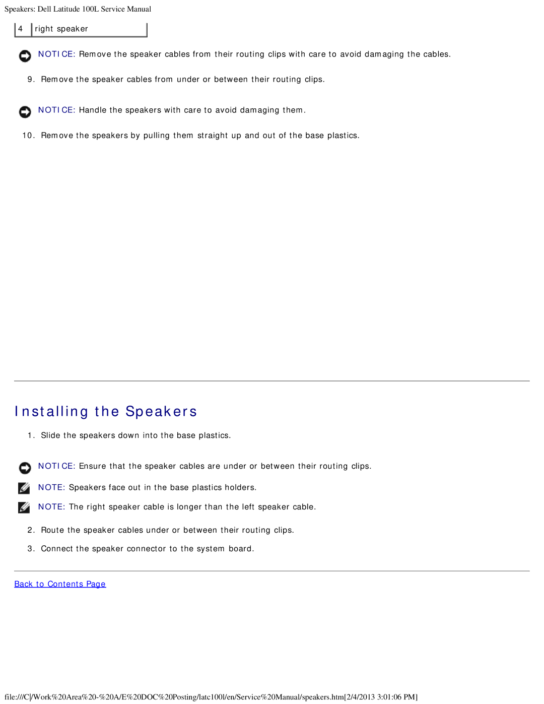 Dell 100L service manual Installing the Speakers 