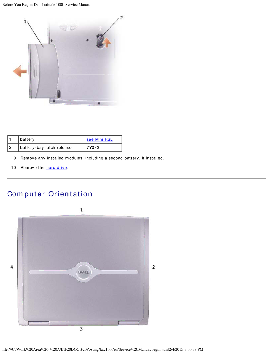 Dell 100L service manual Computer Orientation, See Mini RSL 