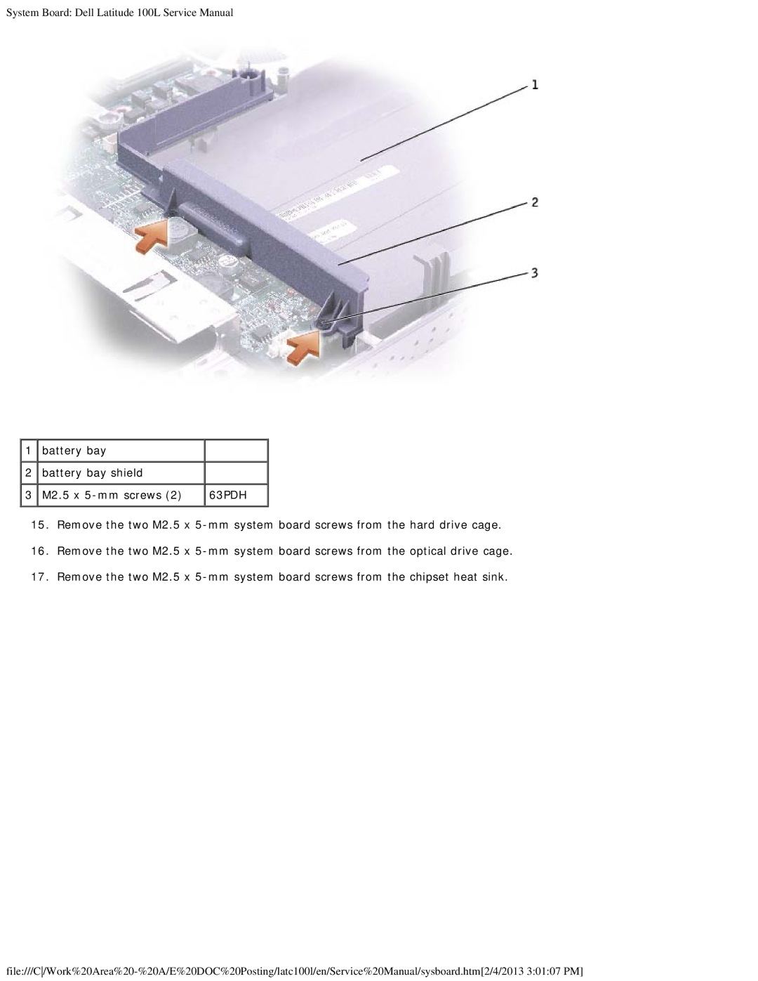 Dell 100L service manual Battery bay Battery bay shield M2.5 x 5-mm screws 