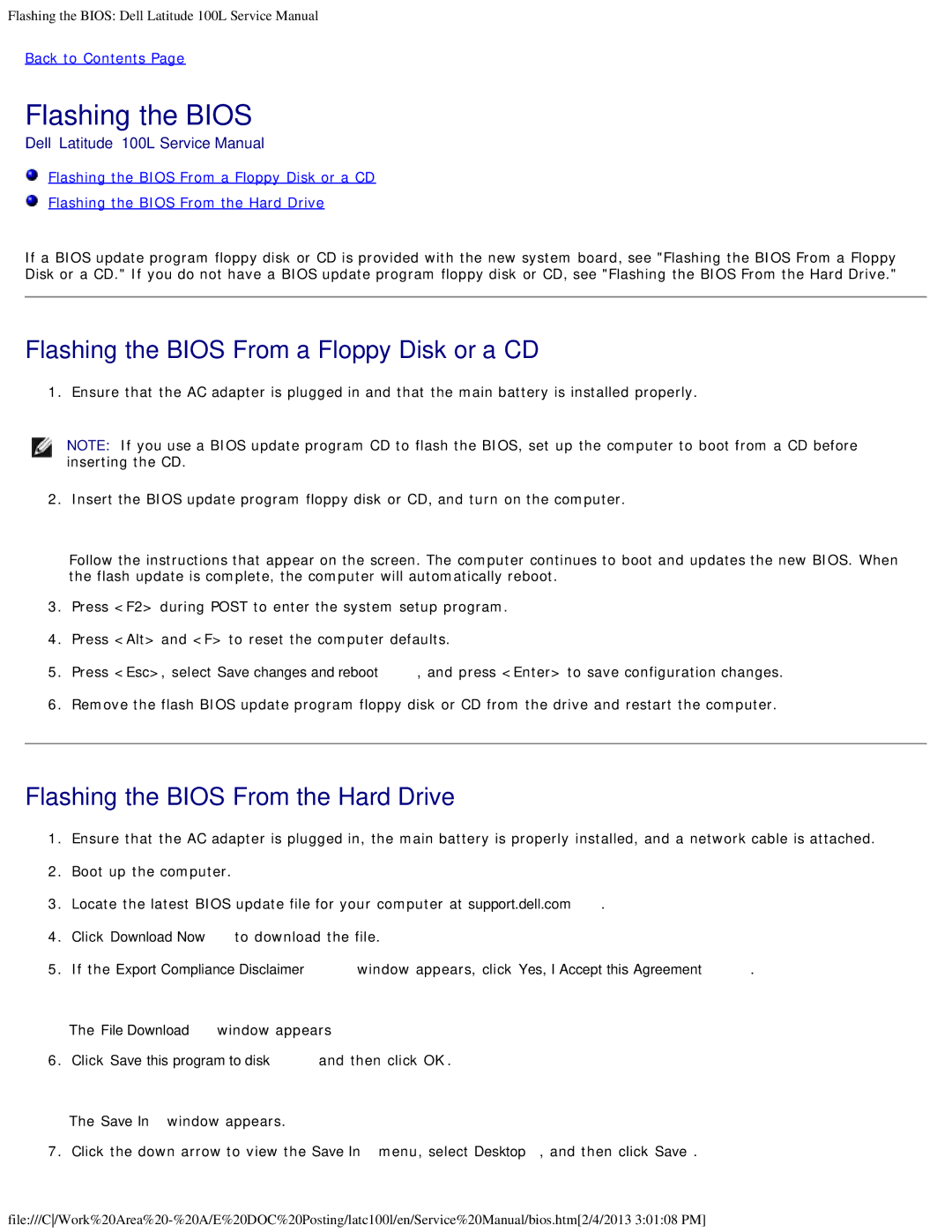Dell 100L service manual Flashing the Bios From a Floppy Disk or a CD, Flashing the Bios From the Hard Drive 