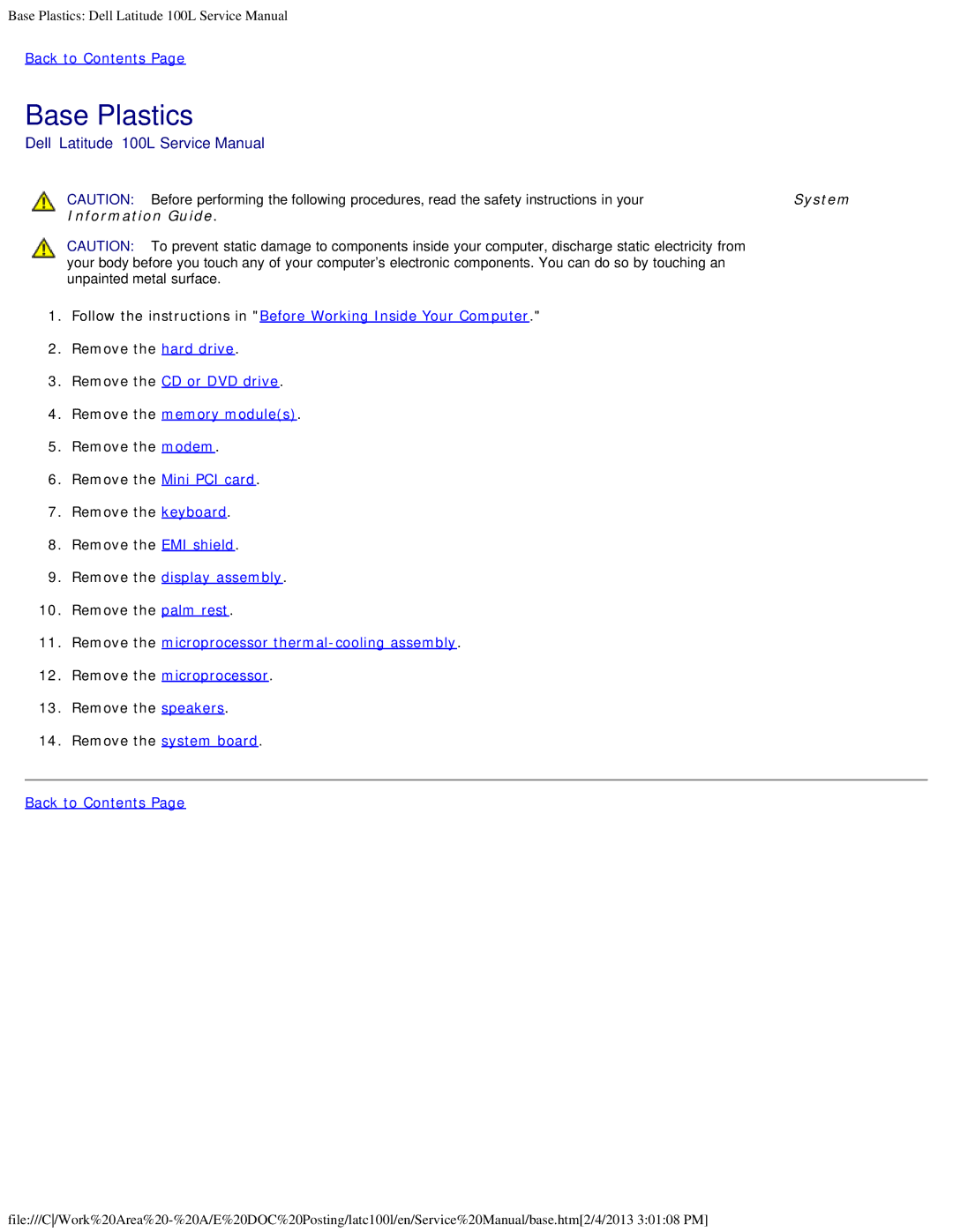 Dell 100L service manual Base Plastics, Remove the CD or DVD drive Remove the memory modules 