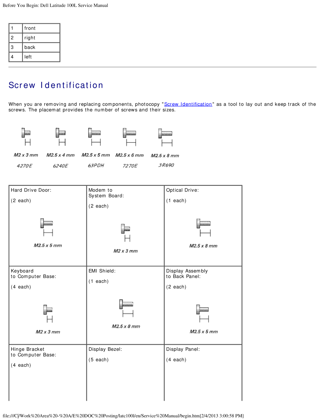 Dell 100L service manual Screw Identification, To Computer Base Each 