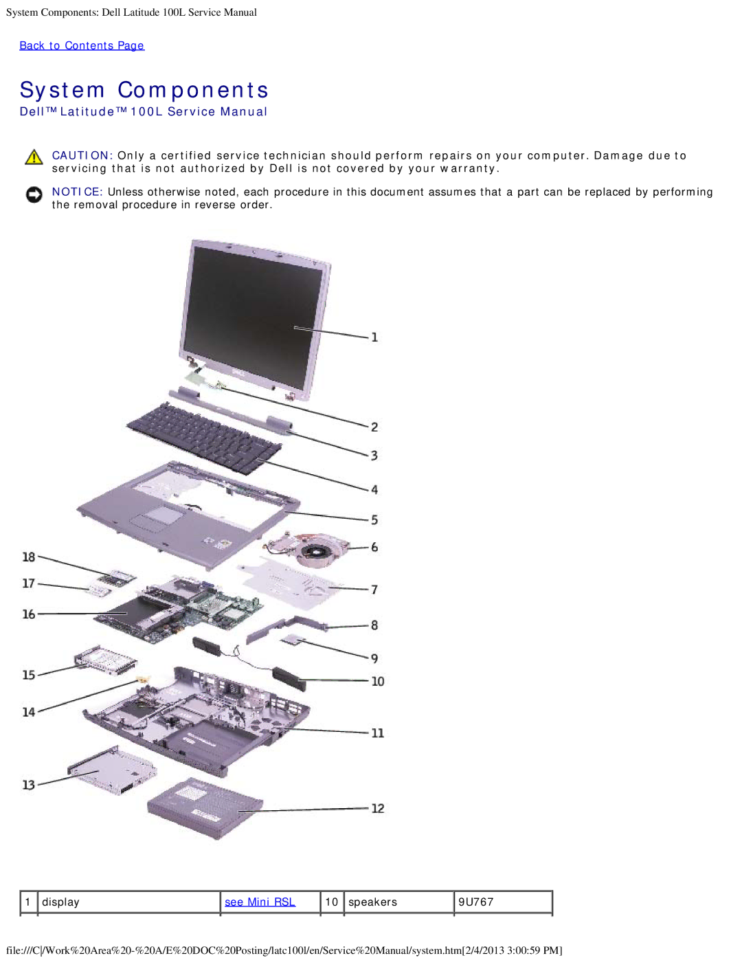 Dell 100L service manual System Components, Speakers 