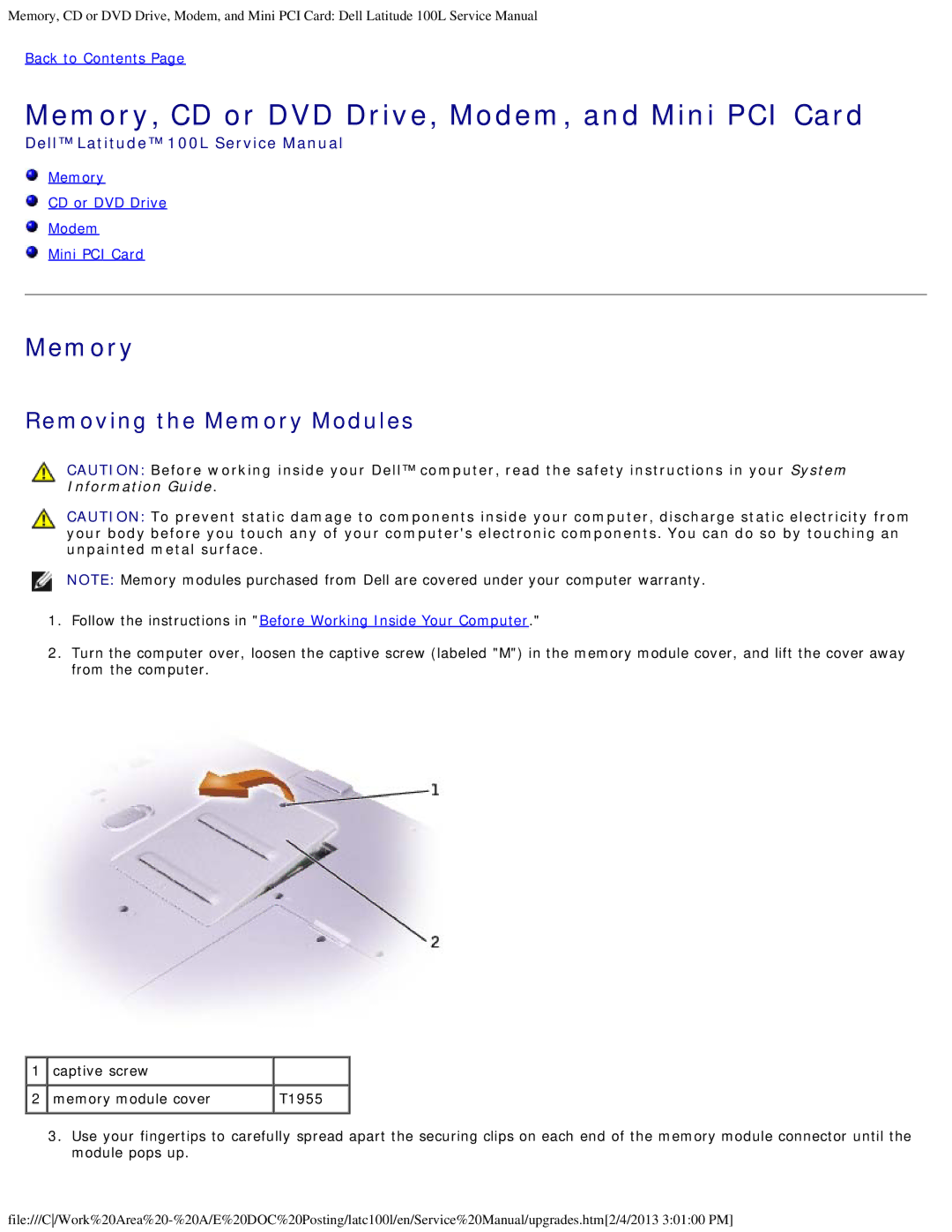 Dell 100L service manual Memory, CD or DVD Drive, Modem, and Mini PCI Card, Removing the Memory Modules 