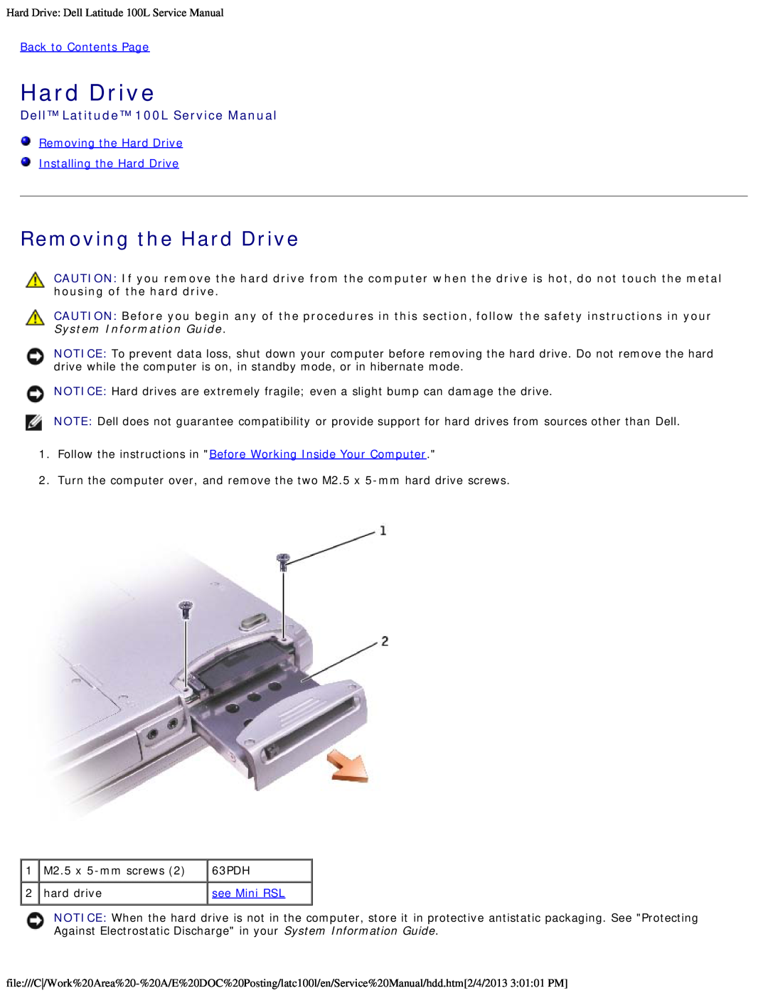Dell Removing the Hard Drive Installing the Hard Drive, Dell Latitude 100L Service Manual, see Mini RSL 