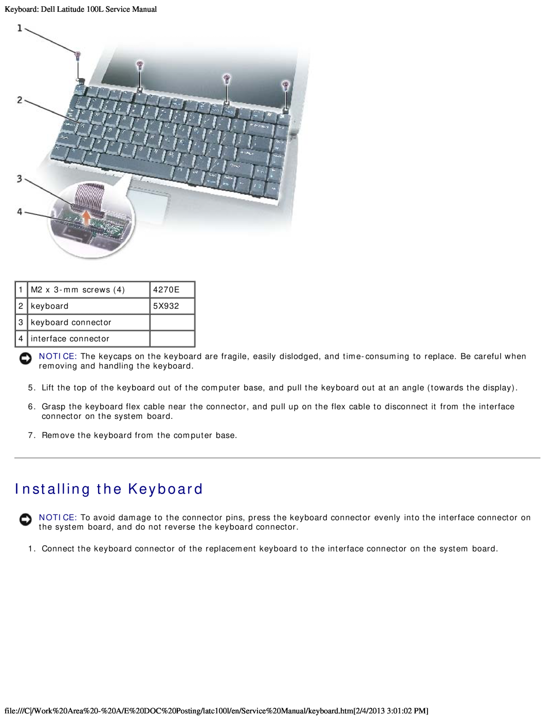 Dell service manual Installing the Keyboard, Keyboard Dell Latitude 100L Service Manual 