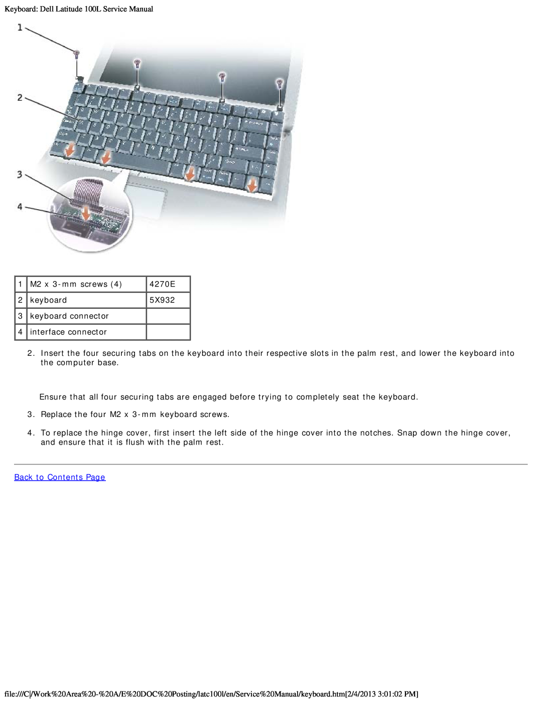 Dell service manual Keyboard Dell Latitude 100L Service Manual, Back to Contents Page 