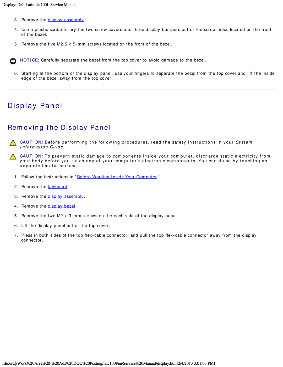Dell 100L service manual Removing the Display Panel, Remove the display assembly 