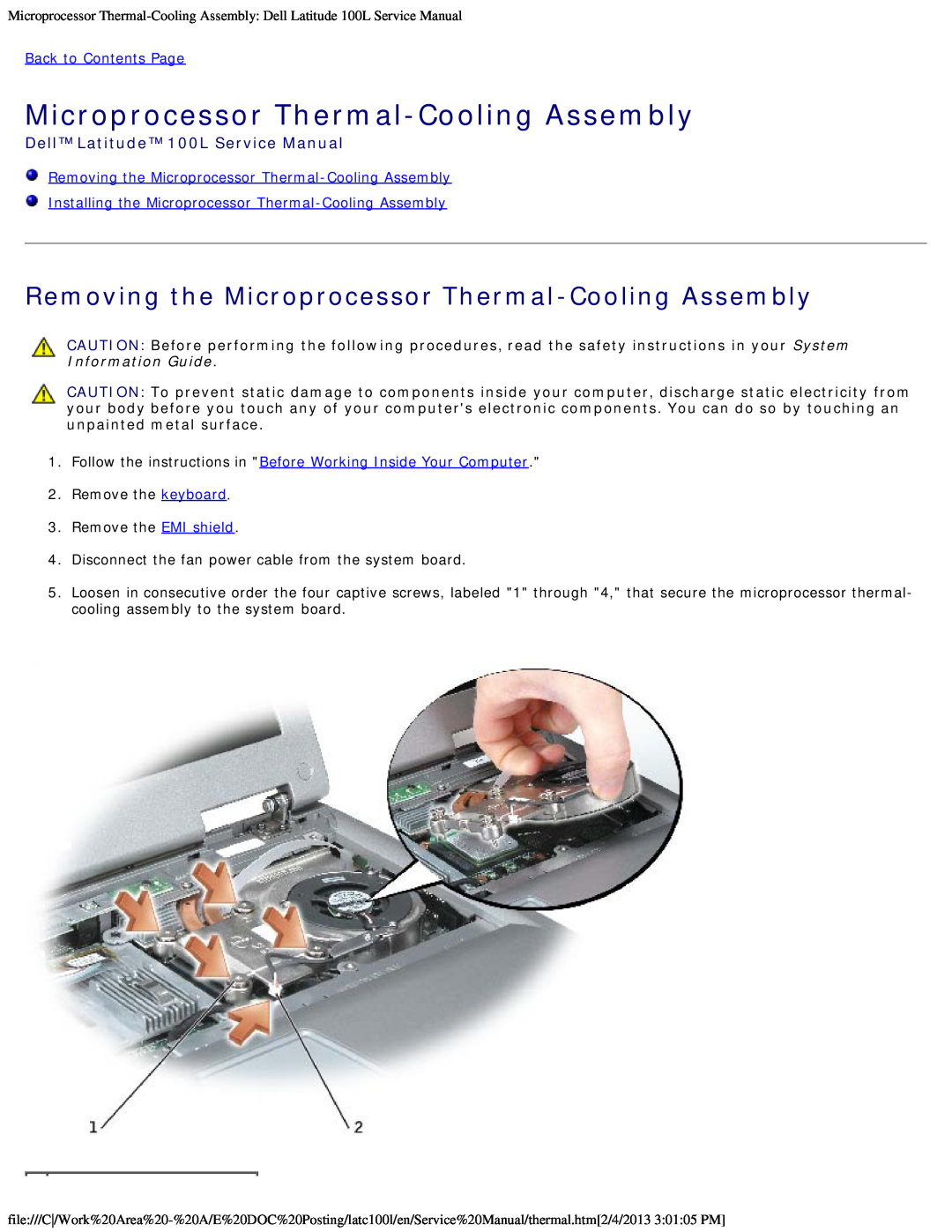 Dell 100L Removing the Microprocessor Thermal-Cooling Assembly, Installing the Microprocessor Thermal-Cooling Assembly 