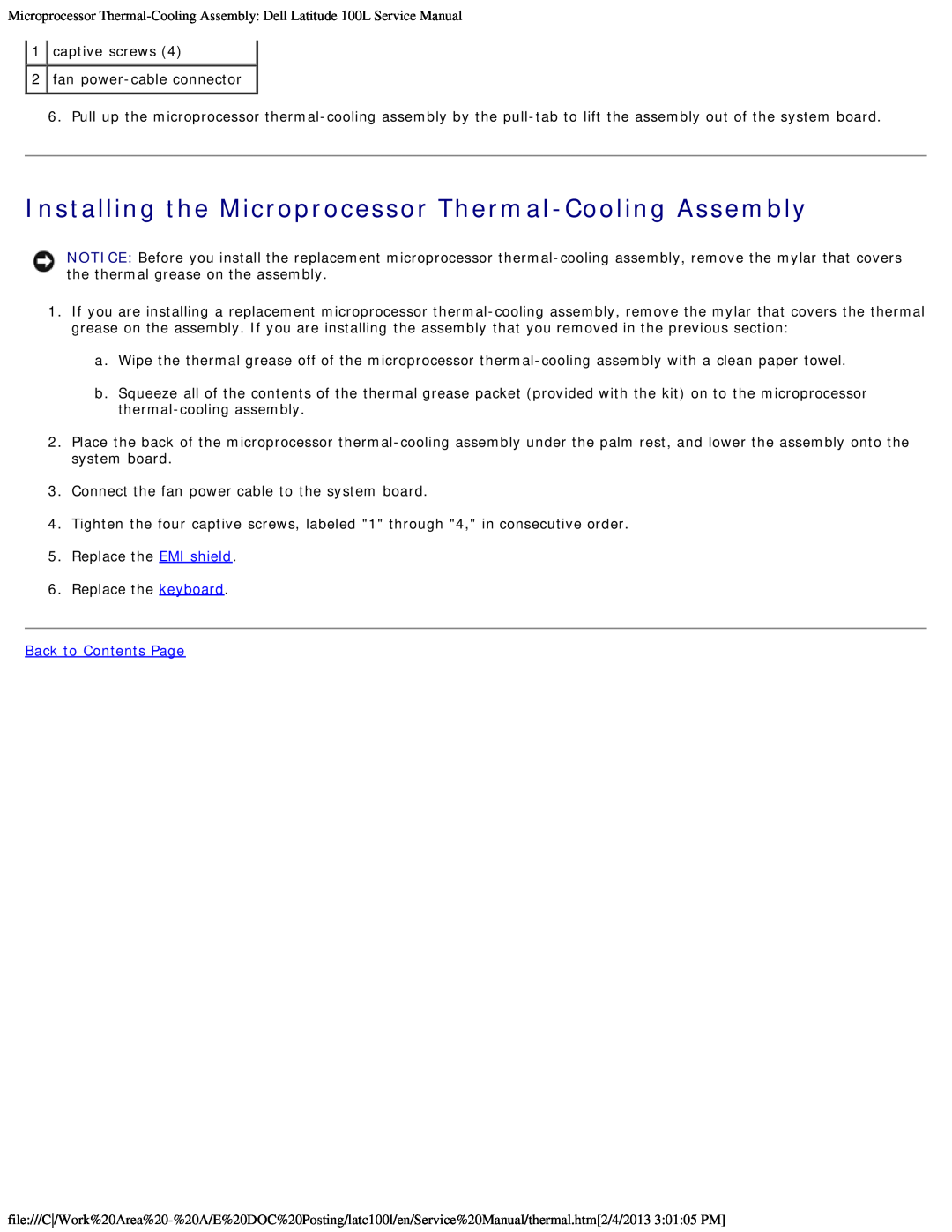 Dell 100L service manual Installing the Microprocessor Thermal-Cooling Assembly, Back to Contents Page 