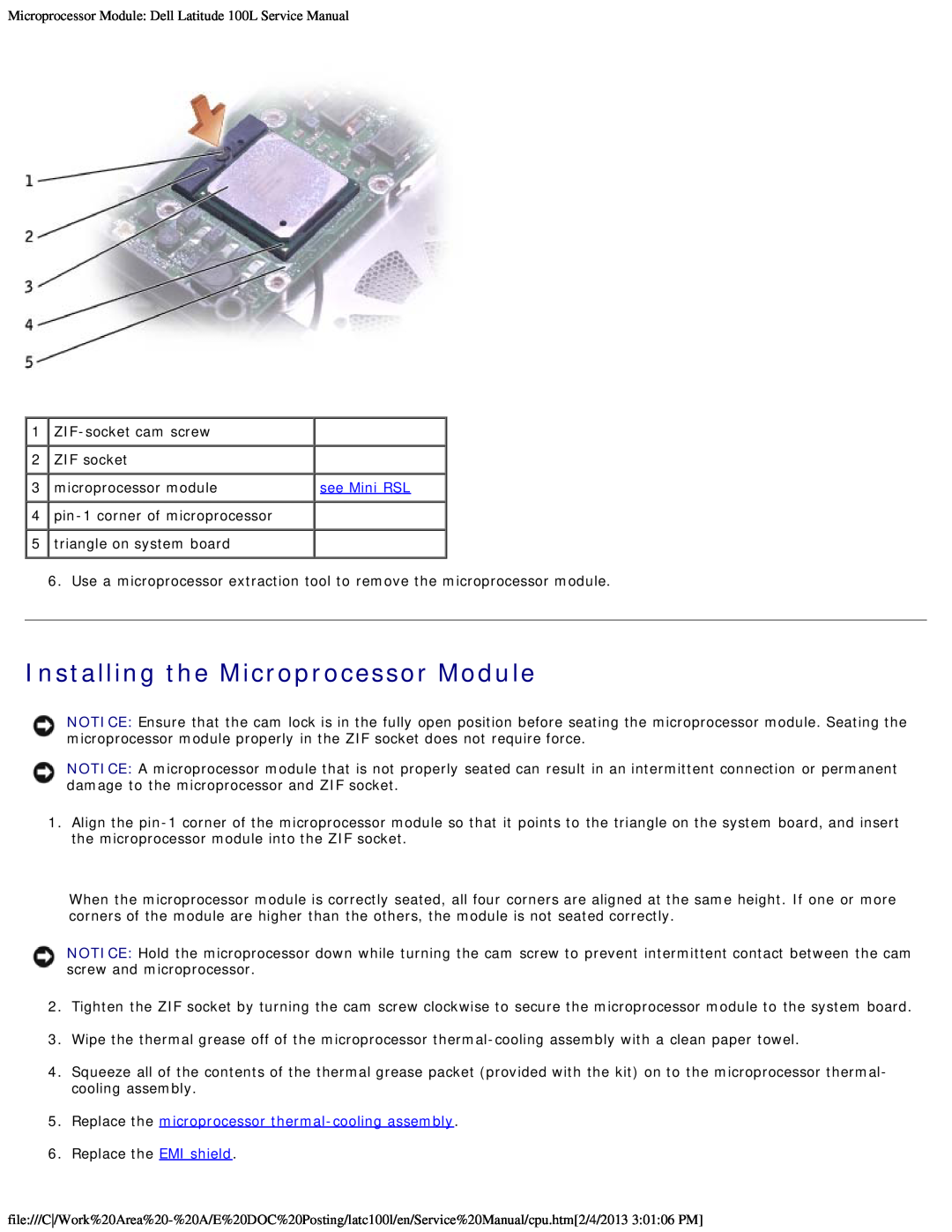 Dell 100L Installing the Microprocessor Module, Replace the microprocessor thermal-cooling assembly, see Mini RSL 