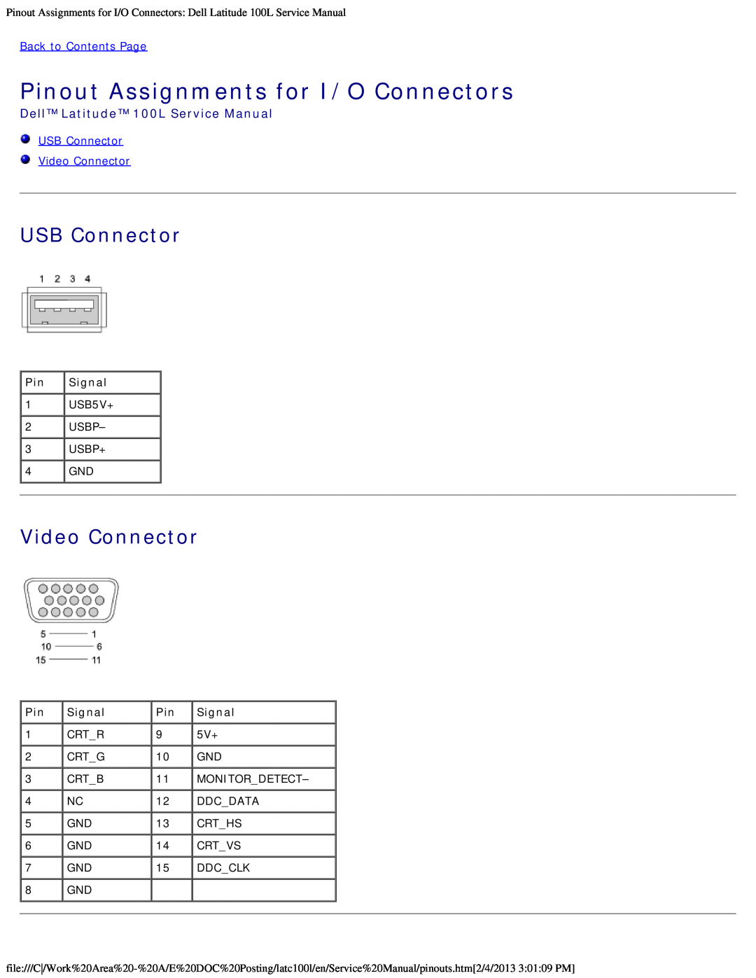 Dell Pinout Assignments for I/O Connectors, USB Connector Video Connector, Dell Latitude 100L Service Manual 
