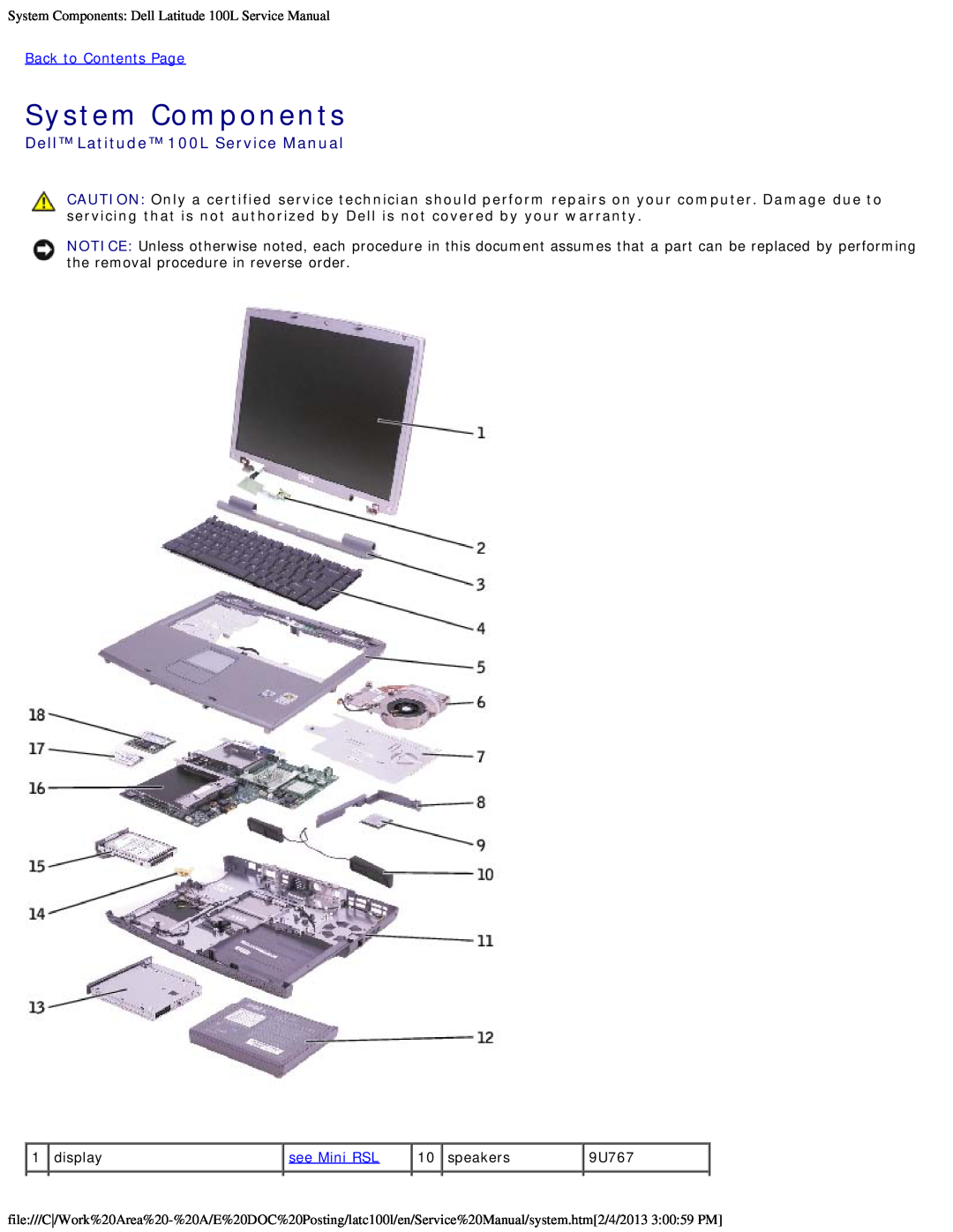 Dell service manual System Components Dell Latitude 100L Service Manual, Back to Contents Page, see Mini RSL, 9U767 