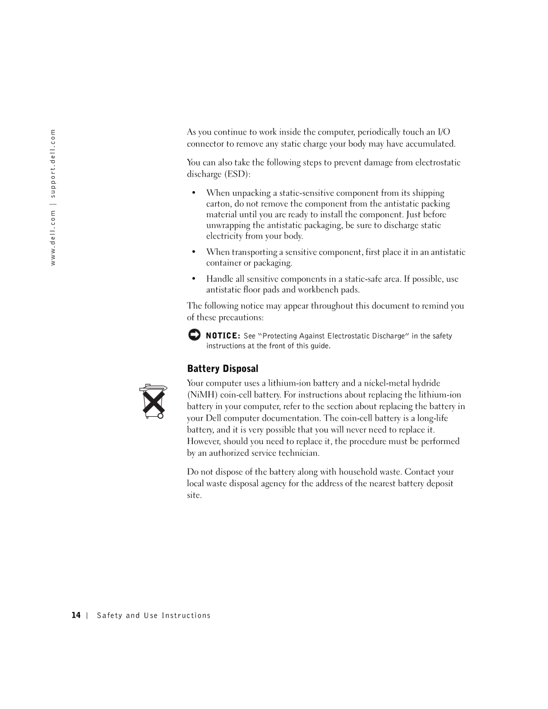 Dell 100N owner manual Battery Disposal 