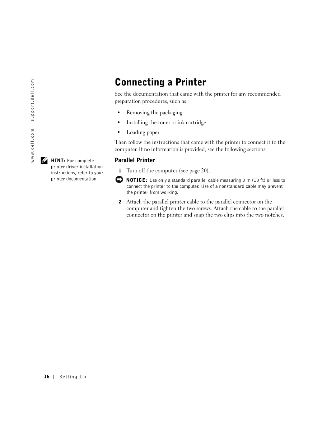 Dell 100N owner manual Connecting a Printer, Parallel Printer, Setting Up 