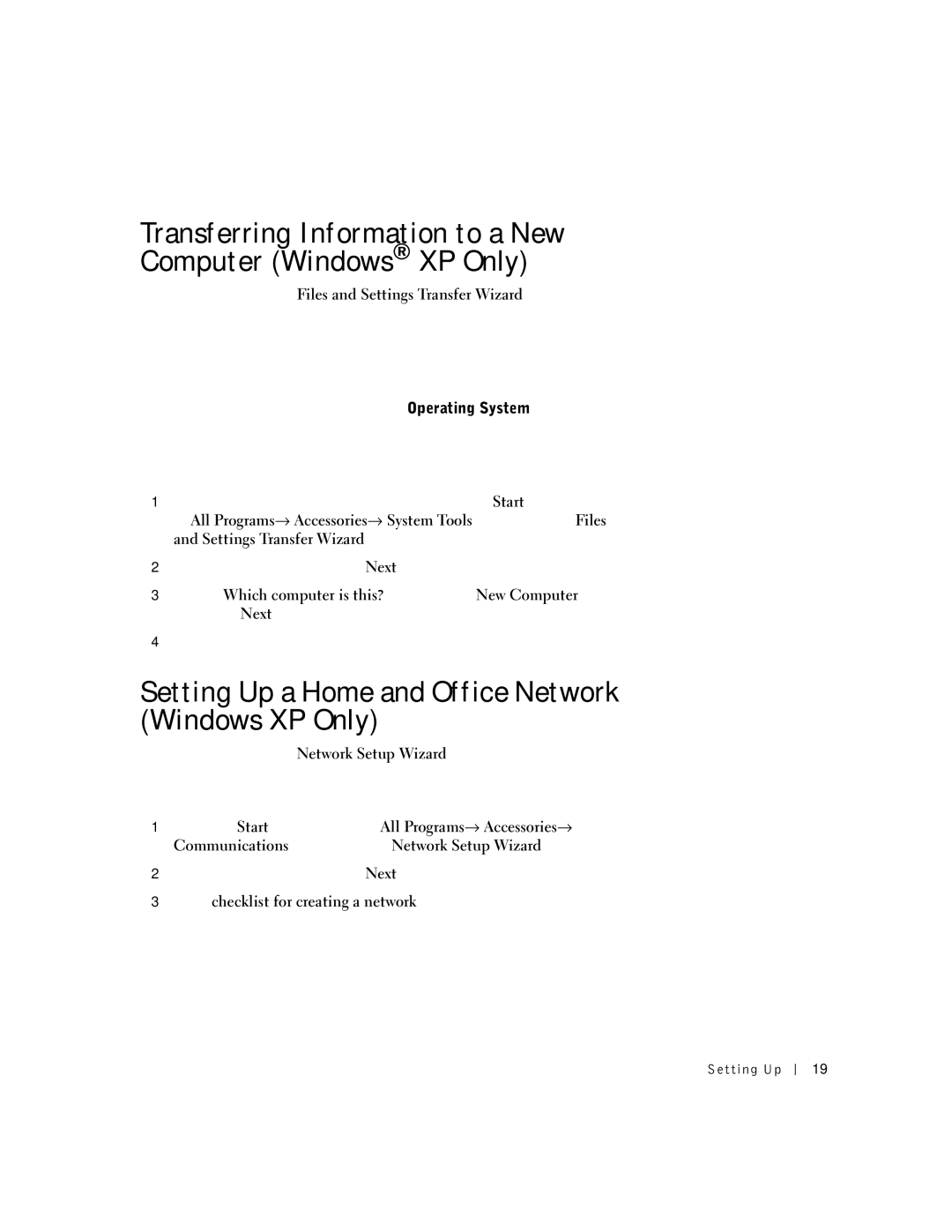 Dell 100N Transferring Information to a New Computer Windows XP Only, Setting Up a Home and Office Network Windows XP Only 