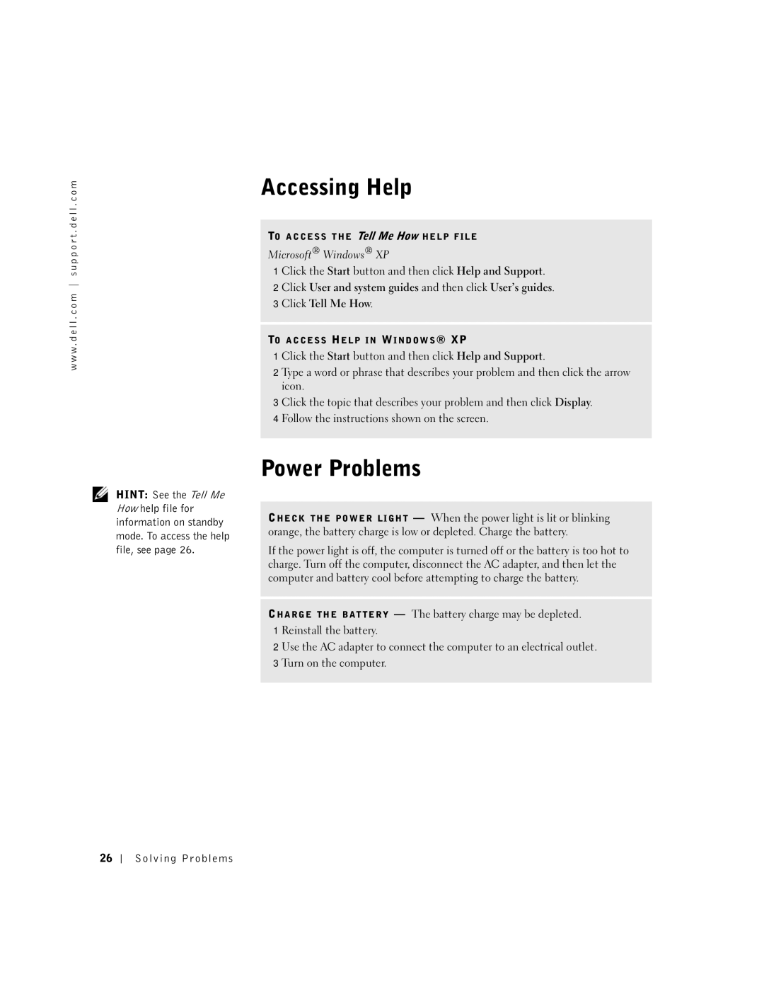 Dell 100N owner manual Accessing Help, Power Problems, Microsoft Windows XP 