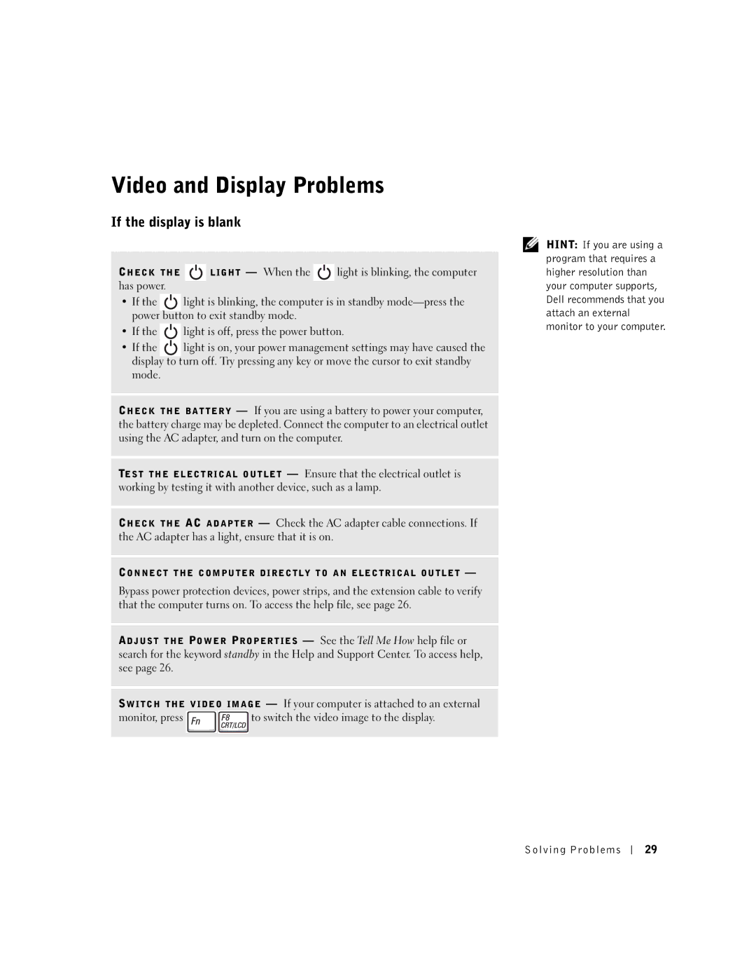 Dell 100N owner manual Video and Display Problems, If the display is blank 