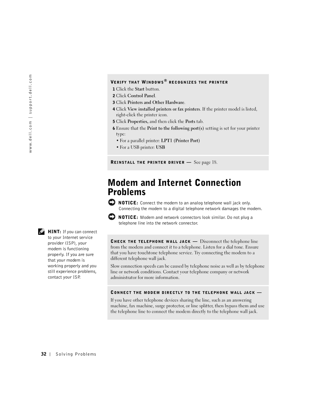 Dell 100N owner manual Modem and Internet Connection Problems 