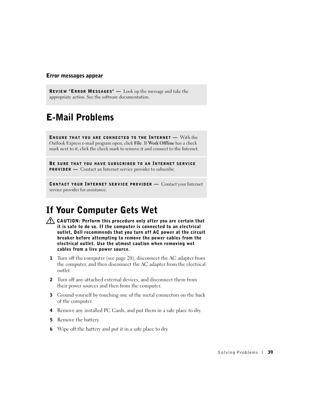 Dell 100N owner manual Mail Problems, If Your Computer Gets Wet, Error messages appear 