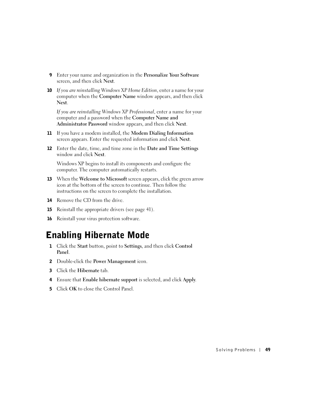 Dell 100N owner manual Enabling Hibernate Mode, Next 