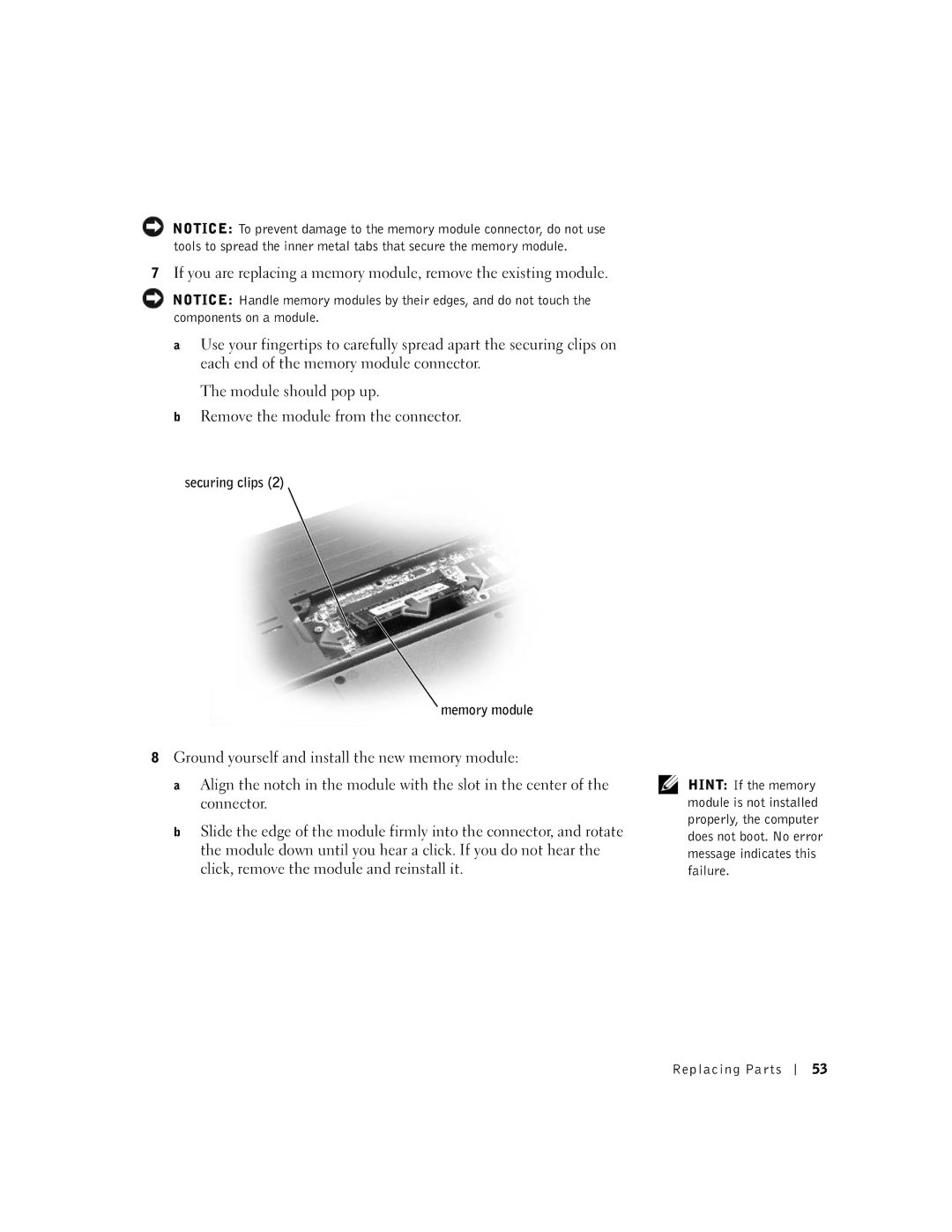 Dell 100N owner manual Securing clips Memory module 