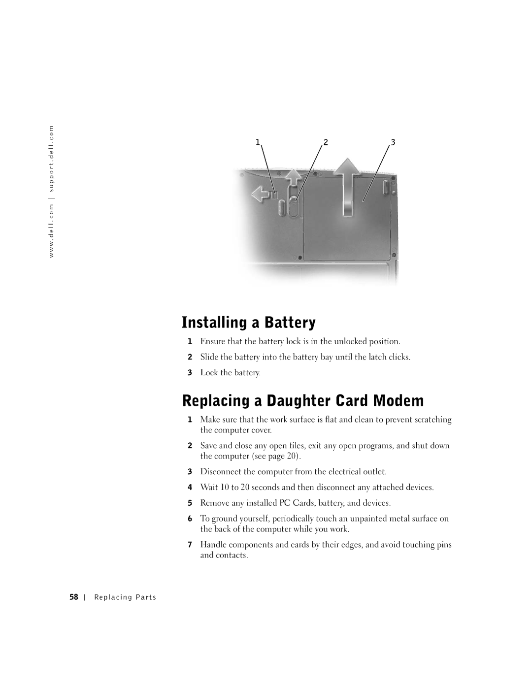 Dell 100N owner manual Installing a Battery, Replacing a Daughter Card Modem 