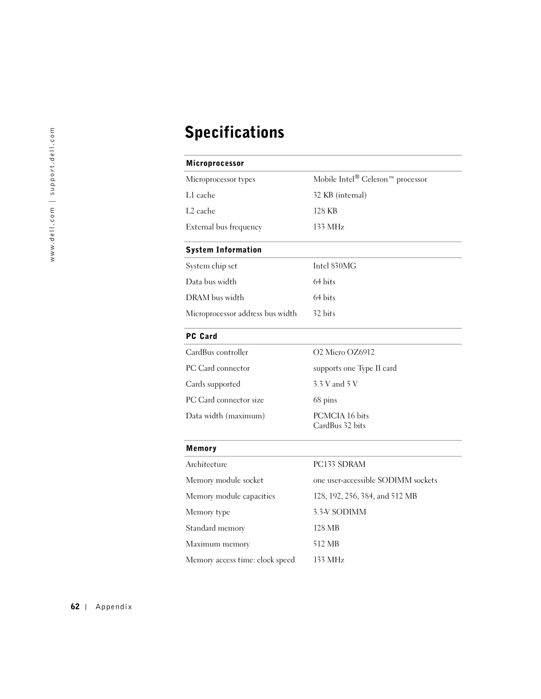 Dell 100N owner manual Specifications 