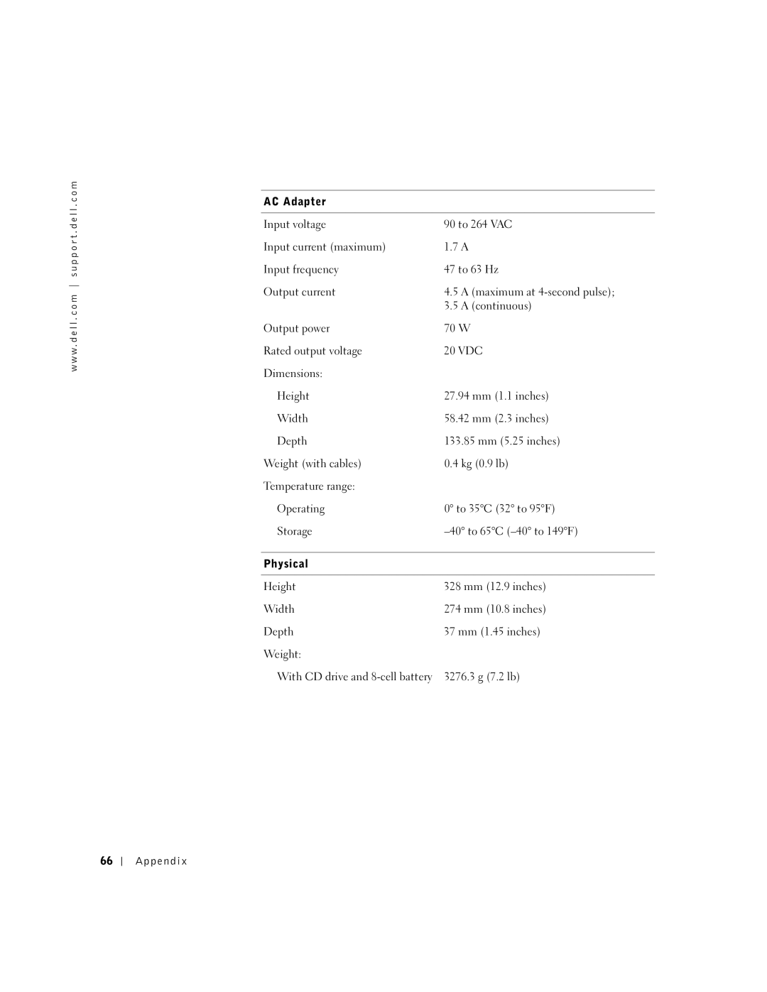 Dell 100N owner manual AC Adapter, Physical 