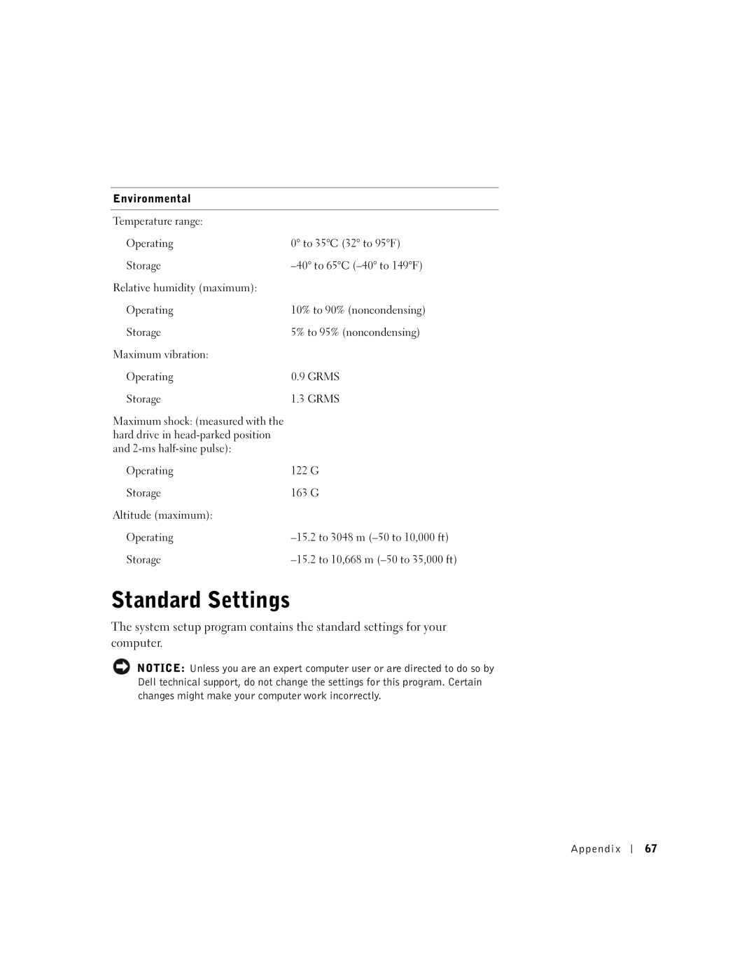 Dell 100N owner manual Standard Settings, Environmental 