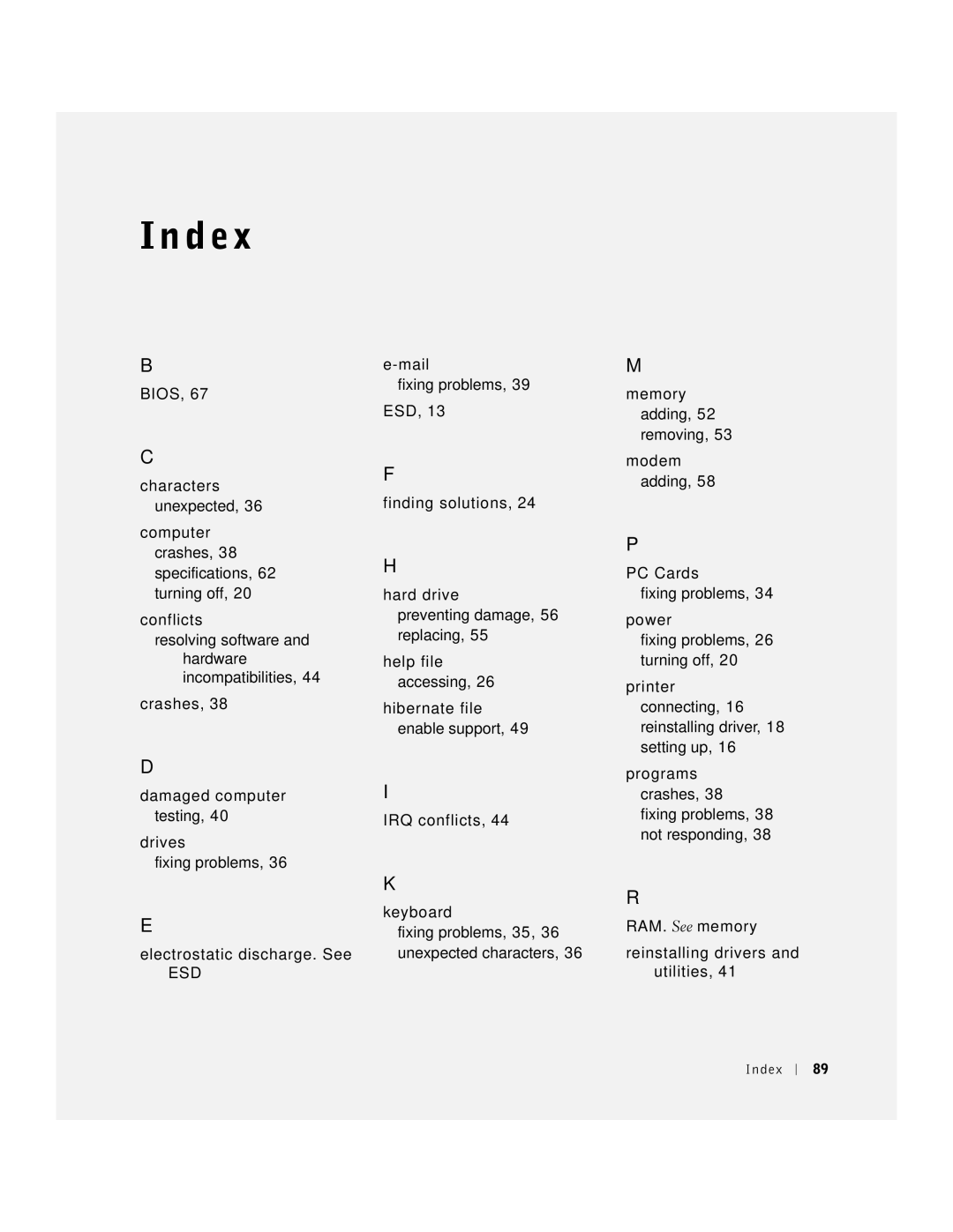 Dell 100N owner manual D ex, Index 