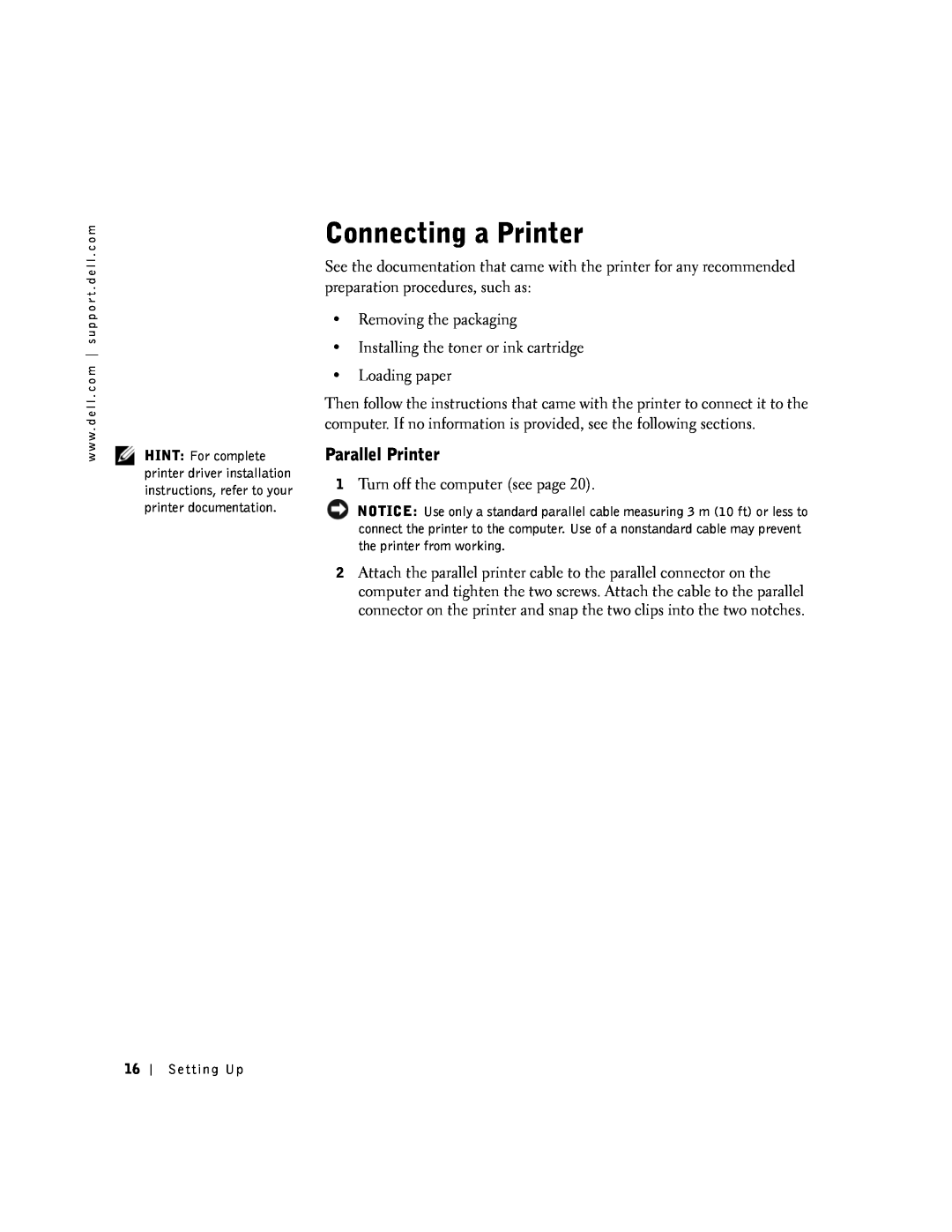 Dell 100N owner manual Connecting a Printer, Parallel Printer 