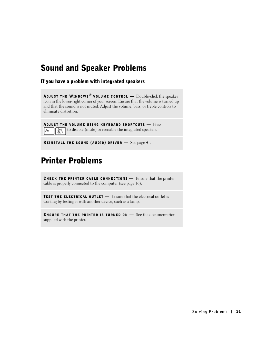 Dell 100N owner manual Sound and Speaker Problems, Printer Problems, If you have a problem with integrated speakers 