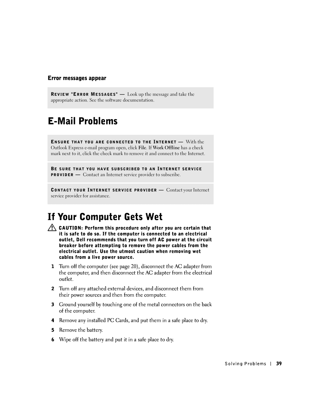 Dell 100N owner manual E-Mail Problems, If Your Computer Gets Wet, Error messages appear 