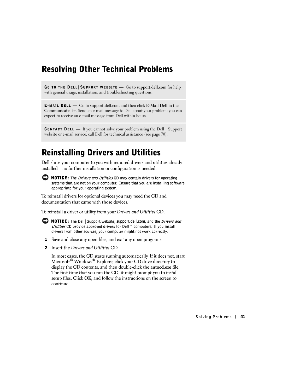 Dell 100N owner manual Resolving Other Technical Problems, Reinstalling Drivers and Utilities 