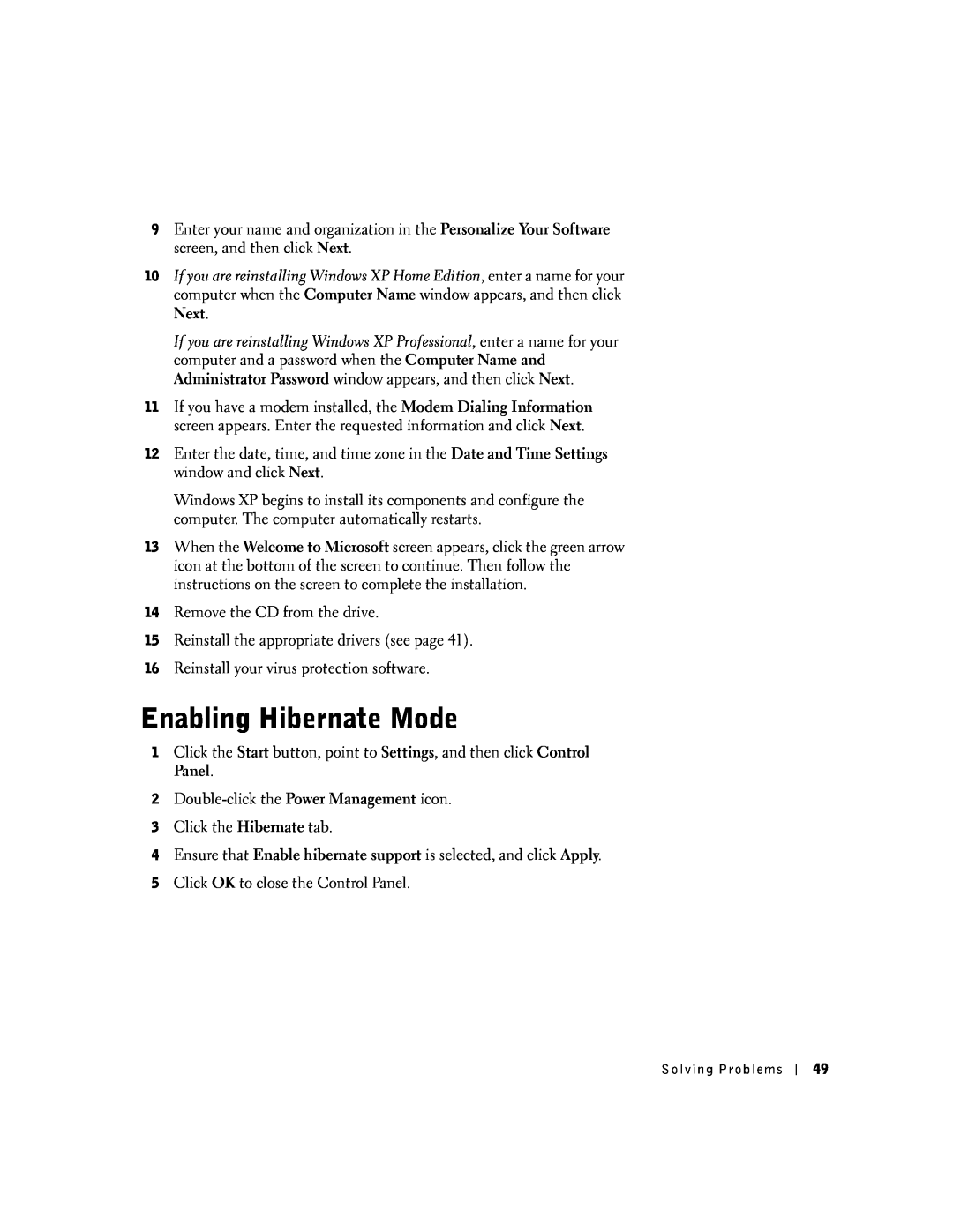 Dell 100N owner manual Enabling Hibernate Mode 