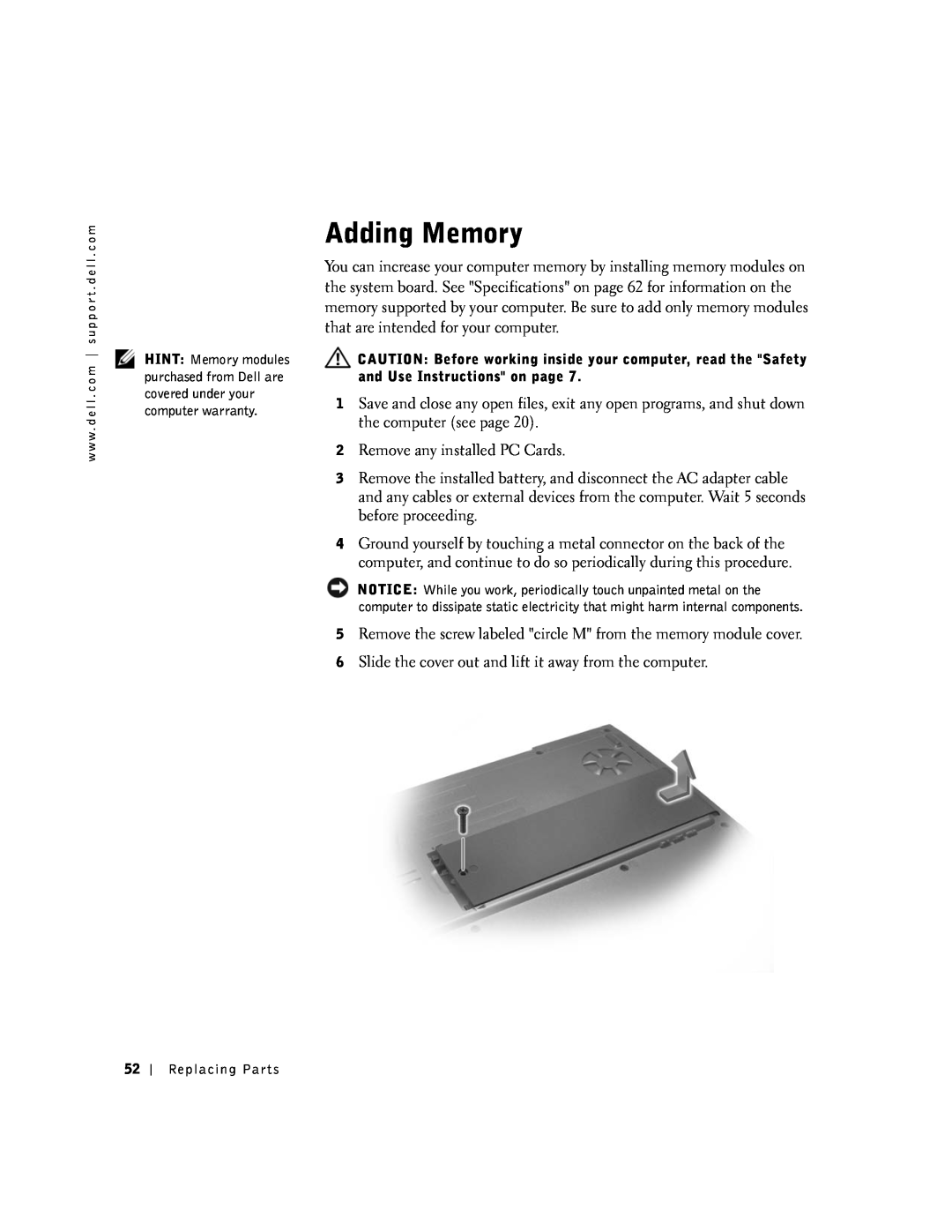 Dell 100N owner manual Adding Memory, Replacing Parts 