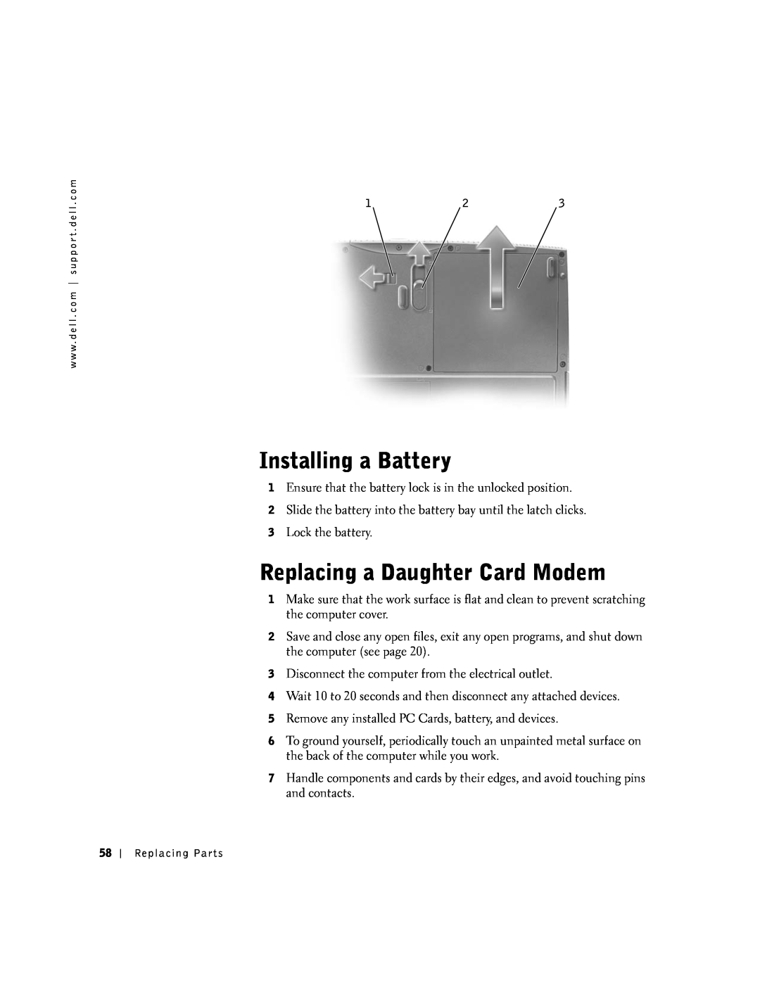 Dell 100N owner manual Installing a Battery, Replacing a Daughter Card Modem 