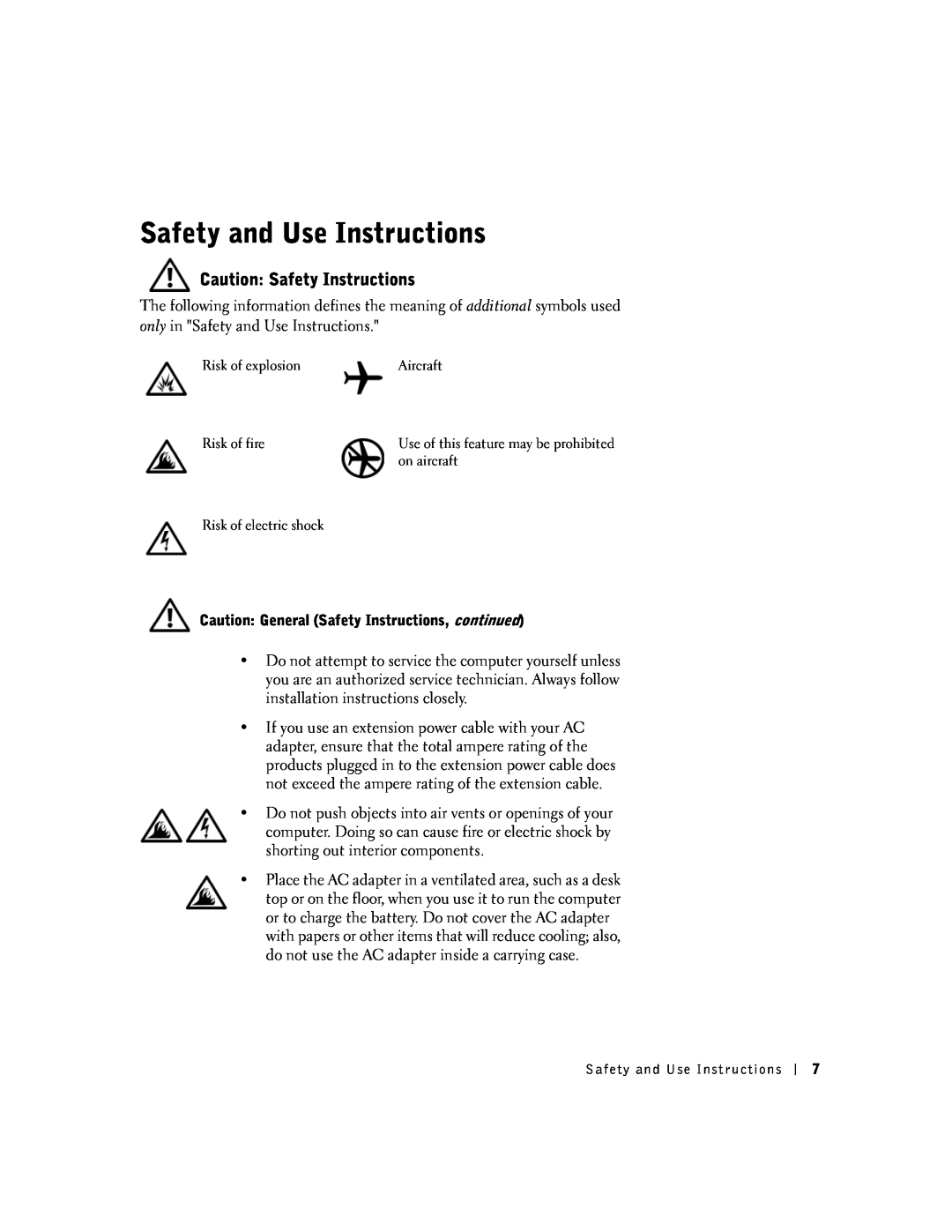 Dell 100N owner manual Safety and Use Instructions, Caution Safety Instructions 