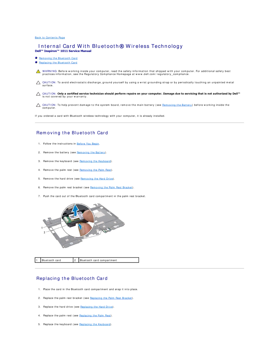 Dell 1011 Internal Card With Bluetooth Wireless Technology, Removing the Bluetooth Card, Replacing the Bluetooth Card 