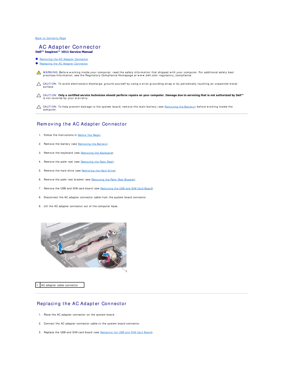Dell 1011 manual Removing the AC Adapter Connector, Replacing the AC Adapter Connector 