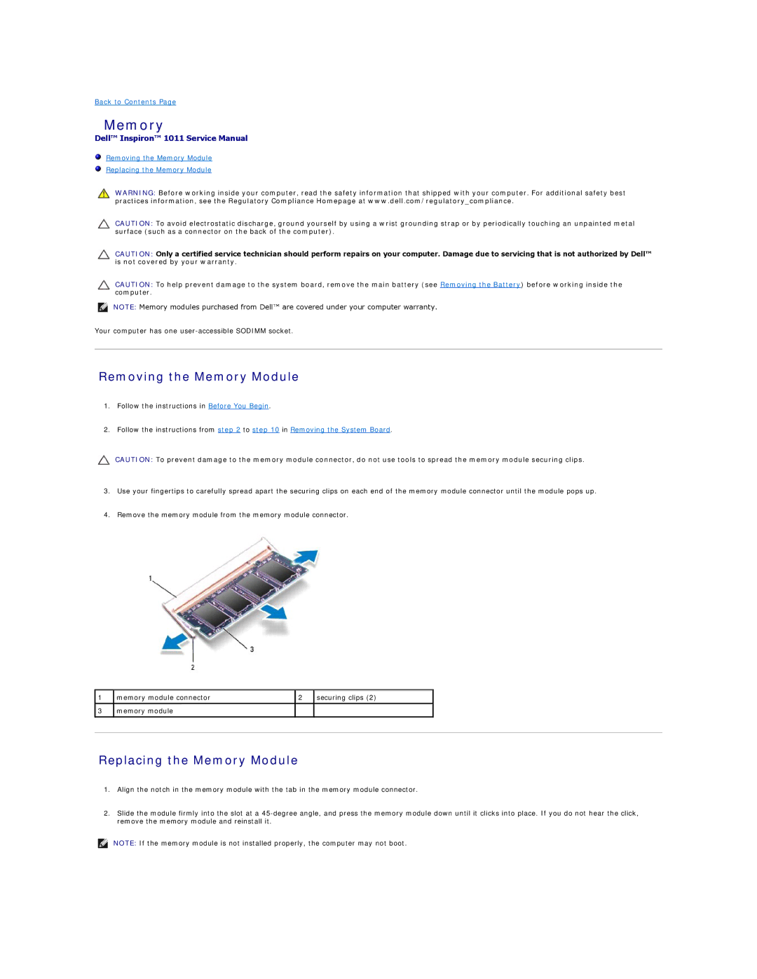 Dell 1011 manual Removing the Memory Module, Replacing the Memory Module 