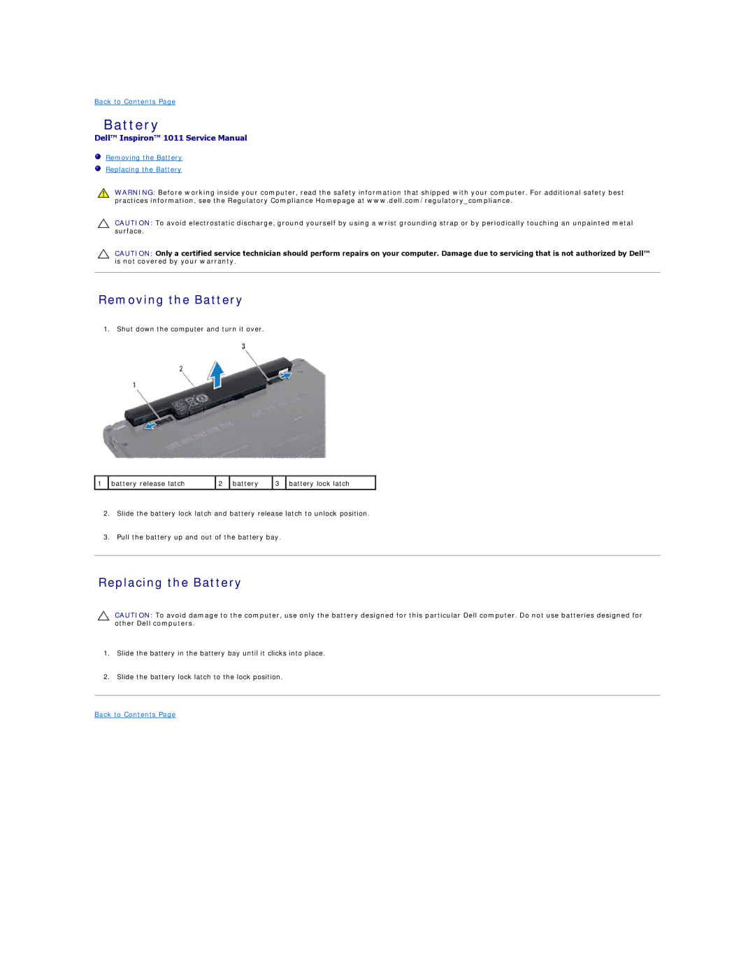 Dell 1011 manual Removing the Battery, Replacing the Battery 