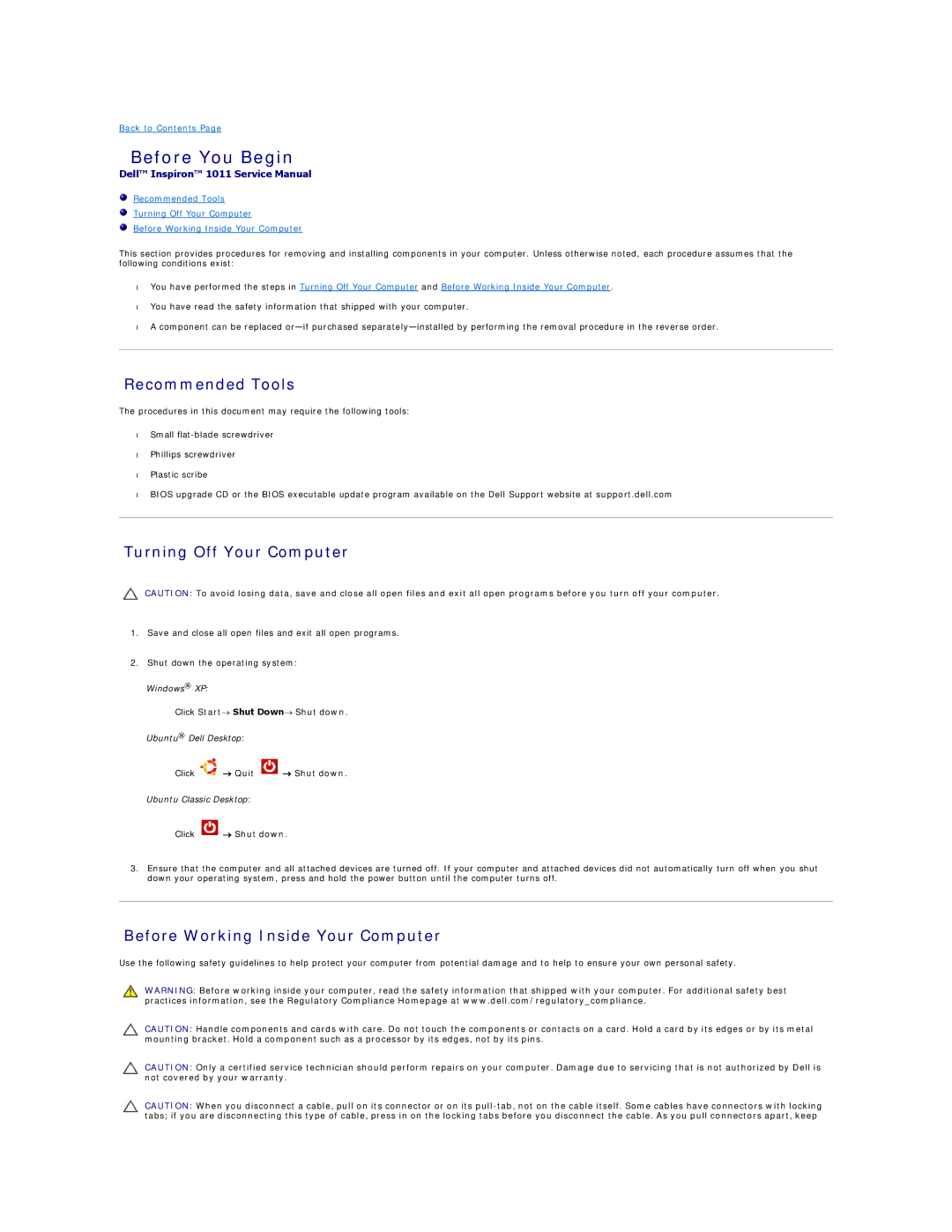 Dell 1011 manual Before You Begin, Recommended Tools, Turning Off Your Computer, Before Working Inside Your Computer 