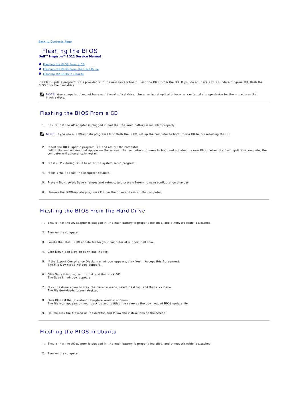 Dell 1011 manual Flashing the Bios From a CD, Flashing the Bios From the Hard Drive, Flashing the Bios in Ubuntu 