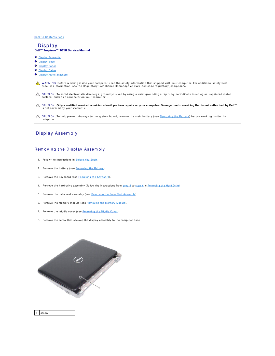 Dell 1018 manual Removing the Display Assembly 